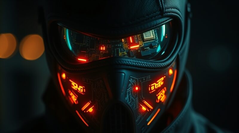 Cyberpunkowa maska odbija płonące obwody drukowane. Dystopijna wizja, hiperrealizm, dramatyczne światło.