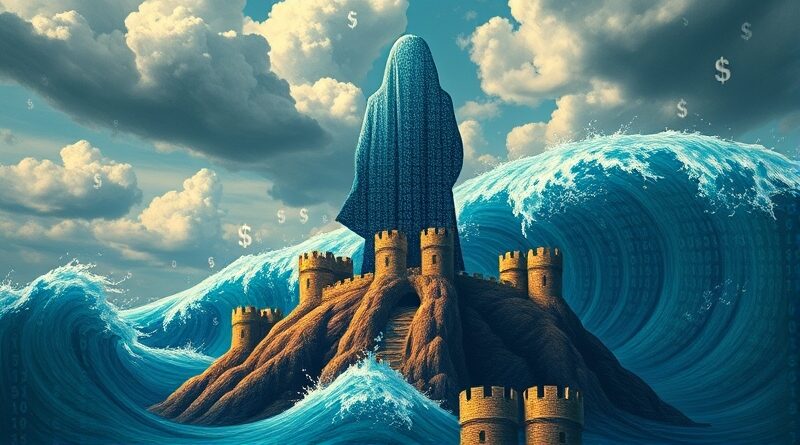 Potężna forteca-matka w ziemistych barwach chroni przed błękitną falą kodu i burzą chmur-dolarów.