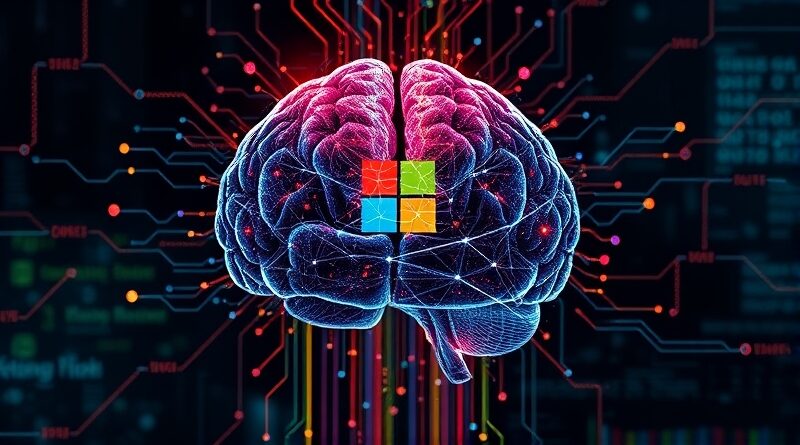 Abstrakcyjny mózg cyfrowy rozpada się; neuronowa sieć, strumienie danych, logo Microsoft, technologiczny high-tech.