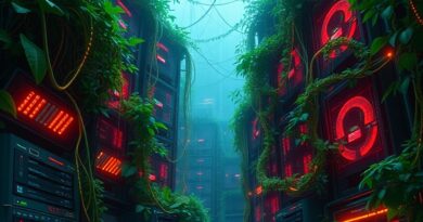 Serwerownia jako dżungla: przerosnięta roślinnością, z kablami-pnączami, wizualizacja chaosu AI Sprawl w Amazonie.