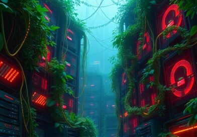 Serwerownia jako dżungla: przerosnięta roślinnością, z kablami-pnączami, wizualizacja chaosu AI Sprawl w Amazonie.