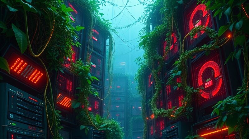 Serwerownia jako dżungla: przerosnięta roślinnością, z kablami-pnączami, wizualizacja chaosu AI Sprawl w Amazonie.