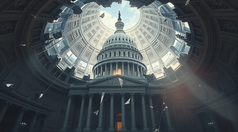 Roztrzaskana kopuła Kapitolu, przez pęknięcia płynie cyfrowy kod. Światło oświetla sceny społecznego chaosu.