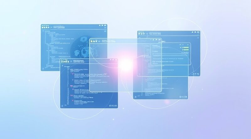 Abstrakcyjna wizja połączonych okien Chrome, symbolizujących AI i płynną wielozadaniowość, w odcieniach fioletu i błękitu.