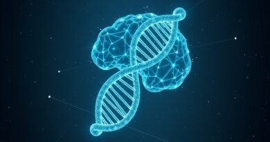 Podwójna helisa splatająca się z mózgiem, połączona siecią danych, symbolizująca biologię i zaawansowaną informatykę.