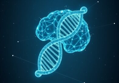 Podwójna helisa splatająca się z mózgiem, połączona siecią danych, symbolizująca biologię i zaawansowaną informatykę.