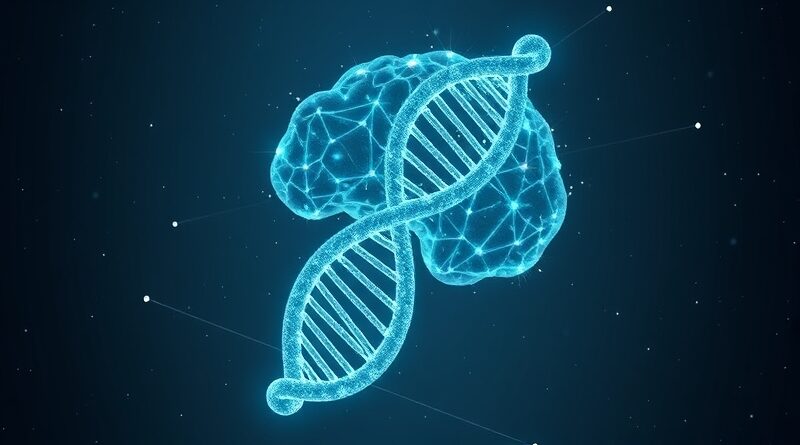 Podwójna helisa splatająca się z mózgiem, połączona siecią danych, symbolizująca biologię i zaawansowaną informatykę.