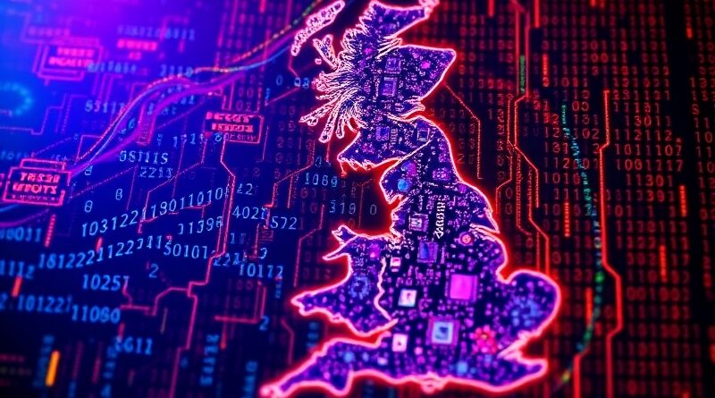 Mapa Wielkiej Brytanii z neonowych, połamanych mikrochipów na tle binarnym, symbolizująca suwerenność technologiczną.