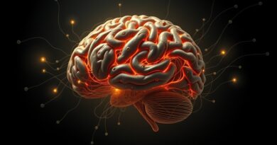 Surrealistyczny mózg z obwodów i szeptów, symbol wewnętrznego dialogu sztucznej inteligencji.