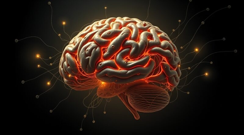 Surrealistyczny mózg z obwodów i szeptów, symbol wewnętrznego dialogu sztucznej inteligencji.