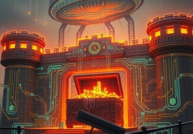 Cyfrowa forteca danych z okiem AI, strzegąca skarbu - skrzyni pełnej danych.