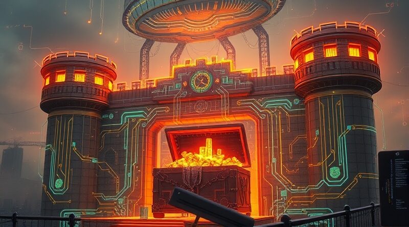 Cyfrowa forteca danych z okiem AI, strzegąca skarbu - skrzyni pełnej danych.