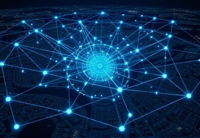 Sieć algorytmów w Waszyngtonie, symbolizująca nadzór finansowy AI w miejsce agentów. Mroczna, futurystyczna wizja.