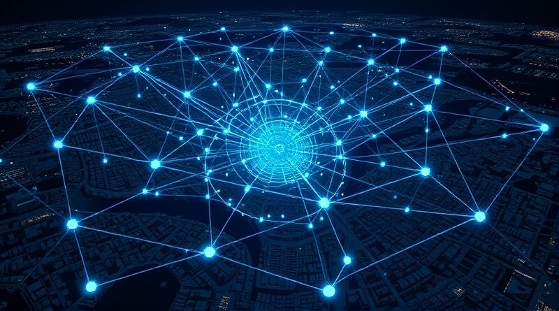 Sieć algorytmów w Waszyngtonie, symbolizująca nadzór finansowy AI w miejsce agentów. Mroczna, futurystyczna wizja.