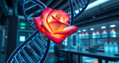 Bioluminescencyjne DNA i róża w futurystycznym laboratorium, symbol postępu i nadziei w biologii.
