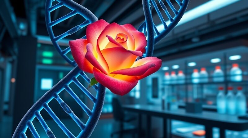 Bioluminescencyjne DNA i róża w futurystycznym laboratorium, symbol postępu i nadziei w biologii.