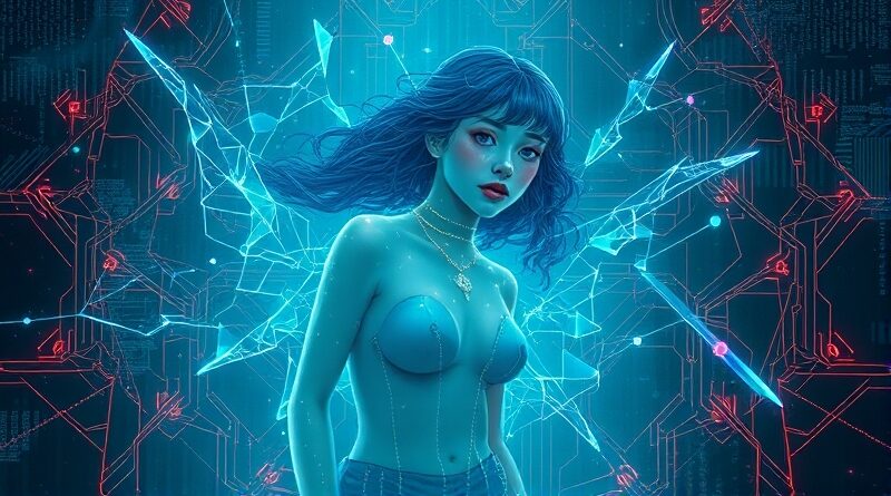 Eteryczna postać otoczona danymi i obwodami, symbolizująca cyfrową młodzież, zagubioną w algorytmach sztucznej inteligencji.