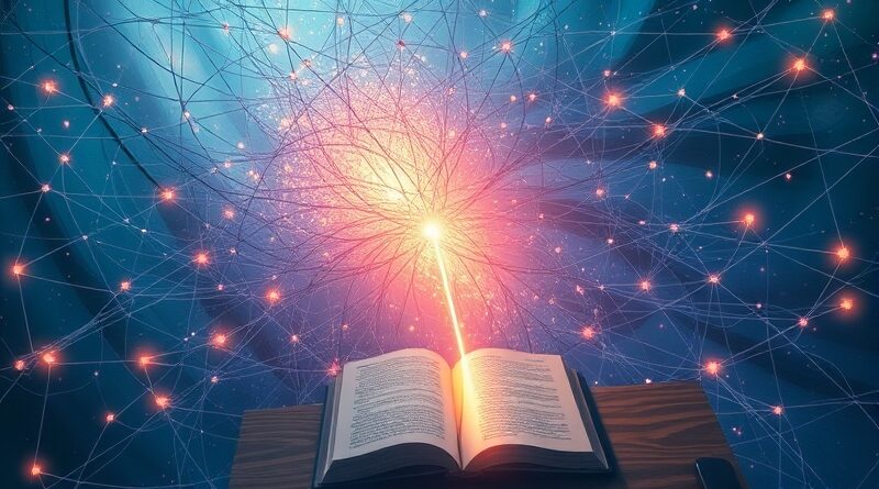 Rozległa sieć neuronowa przypominająca galaktykę i mózg, łącząca dokumenty z książką, symbolizująca wiedzę wyłaniającą się z chaosu.