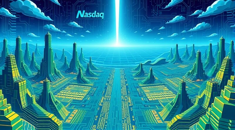 Futurystyczny krajobraz płyty głównej, symbol innowacji Cerebras w starciu z Nvidią na tle Nasdaq.