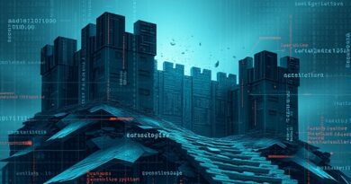 Abstrakcyjna cyfrowa forteca w rozsypce, ujawnia kod. Efekt glitchu, binarne strumienie symbolizują złamanie zabezpieczeń.