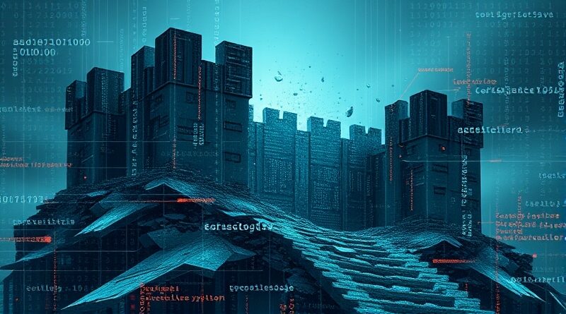 Abstrakcyjna cyfrowa forteca w rozsypce, ujawnia kod. Efekt glitchu, binarne strumienie symbolizują złamanie zabezpieczeń.