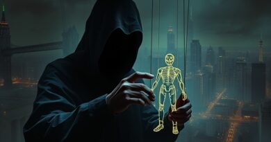 Cieniowana postać kontroluje marionetkę związaną z kryptowalutami, symbolizując atak socjotechniczny AI.
