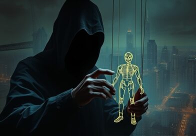 Cieniowana postać kontroluje marionetkę związaną z kryptowalutami, symbolizując atak socjotechniczny AI.