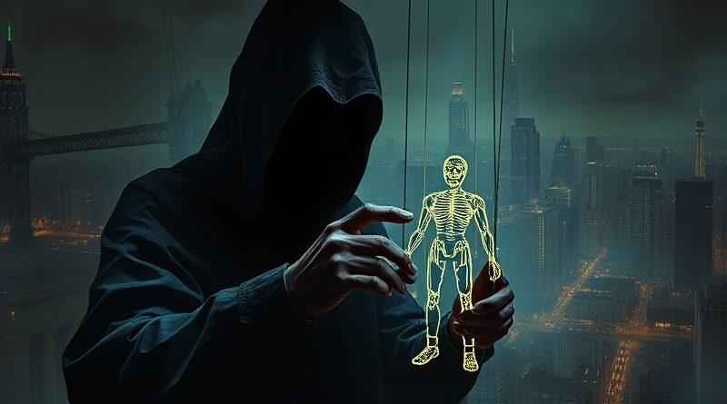 Cieniowana postać kontroluje marionetkę związaną z kryptowalutami, symbolizując atak socjotechniczny AI.