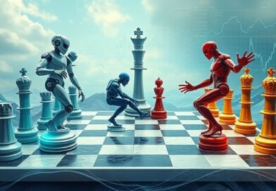 Surrealistyczna szachownica DeFi: AI (chłodne barwy) kontra ludzie (ciepłe), algorytmy zamiast figur.