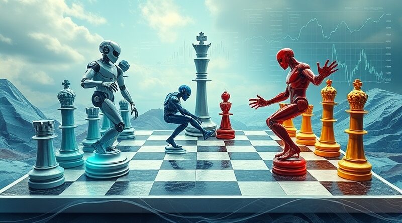 Surrealistyczna szachownica DeFi: AI (chłodne barwy) kontra ludzie (ciepłe), algorytmy zamiast figur.