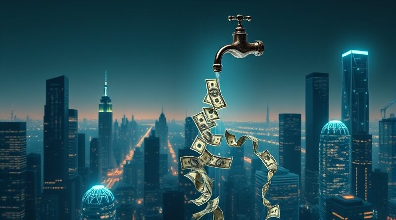 Cyfrowy kran wylewa dolary w obwody; futurystyczny krajobraz, abonamenty AI jako nowy czynsz.