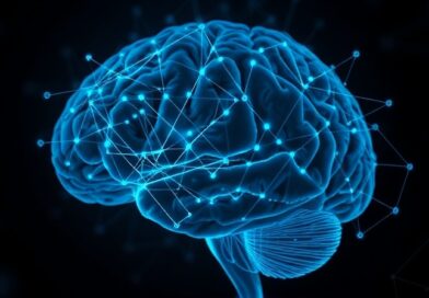 Cyfrowy mózg nałożony na obraz MRI ludzkiego mózgu, symbolizujący analizę MRI mózgu przez AI.