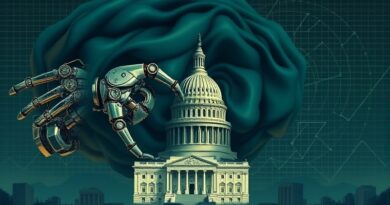 Dolar przekształcający się w robotyczne ramię sięgające Kapitolu, symbolizujący wpływ finansowy na politykę.