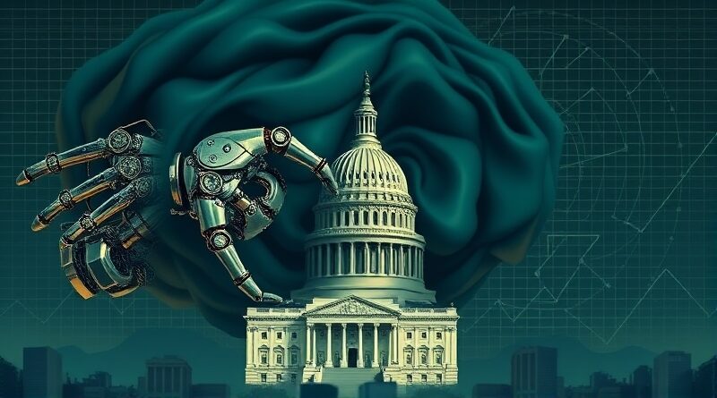 Dolar przekształcający się w robotyczne ramię sięgające Kapitolu, symbolizujący wpływ finansowy na politykę.