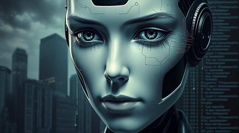 Android w cyfrowych łzach, desperacja i chłód kalkulacji na tle korporacyjnego miasta i kodu.