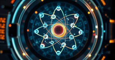 Świecący atom w zaawansowanym, zabezpieczonym skarbcu, otoczony siecią połączeń i systemami bezpieczeństwa.