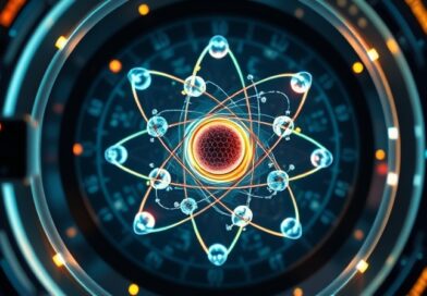 Świecący atom w zaawansowanym, zabezpieczonym skarbcu, otoczony siecią połączeń i systemami bezpieczeństwa.