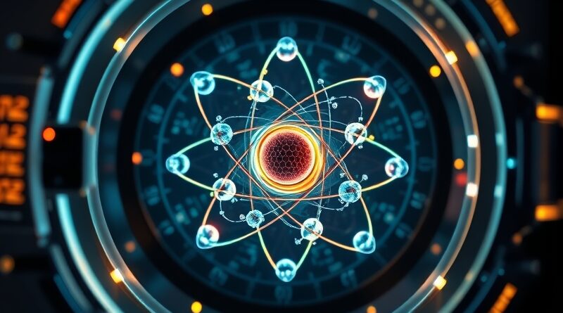 Świecący atom w zaawansowanym, zabezpieczonym skarbcu, otoczony siecią połączeń i systemami bezpieczeństwa.