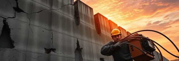 Olbrzymi, pękający mur z betonu i światłowodów na tle zachodzącego słońca. Futurystyczny robotnik walczy z miedzianym kablem.