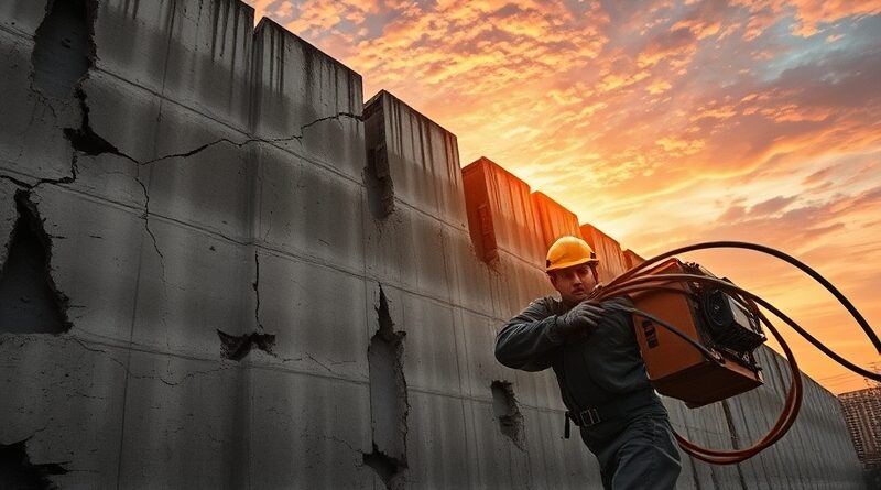 Olbrzymi, pękający mur z betonu i światłowodów na tle zachodzącego słońca. Futurystyczny robotnik walczy z miedzianym kablem.