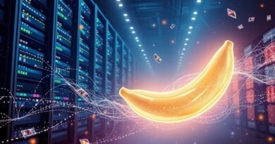Futurystyczna serwerownia z "bananem pamięci", cyfrowe wspomnienia, niebiesko-złota aura, koniec ery promptów.