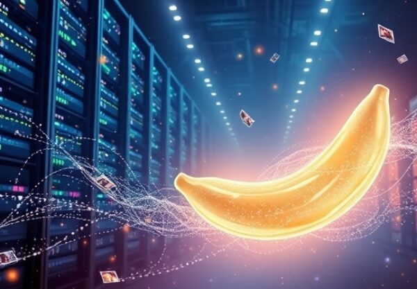 Futurystyczna serwerownia z "bananem pamięci", cyfrowe wspomnienia, niebiesko-złota aura, koniec ery promptów.