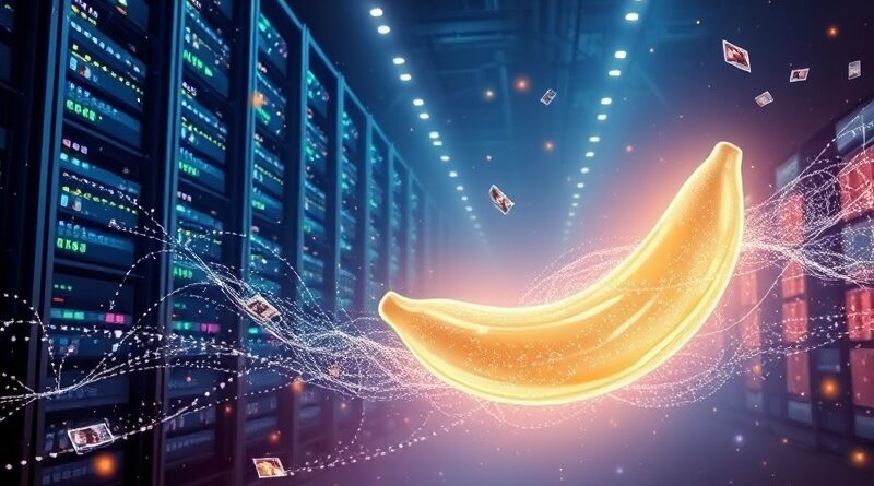 Futurystyczna serwerownia z "bananem pamięci", cyfrowe wspomnienia, niebiesko-złota aura, koniec ery promptów.