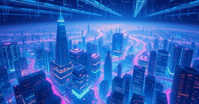 Futurystyczne miasto wewnątrz sieci neuronowej, strumienie danych jako rzeki światła.