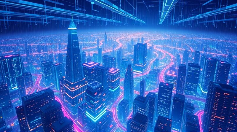 Futurystyczne miasto wewnątrz sieci neuronowej, strumienie danych jako rzeki światła.