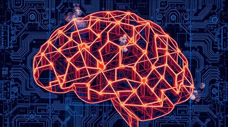 Architektoniczny schemat układu scalonego AI spleciony z neuronowymi sieciami, w stylu art nouveau.