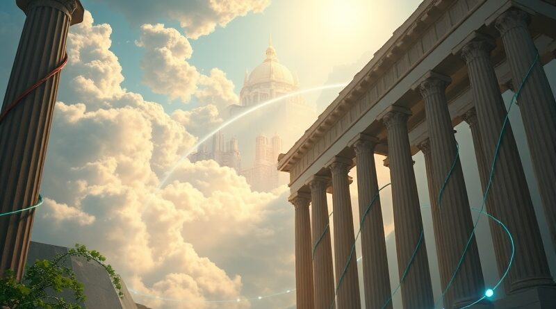 Synteza starożytności i futurystycznej technologii. Amazon, Anthropic i potęga AI. Kolory: teal, złoty, głęboki błękit.