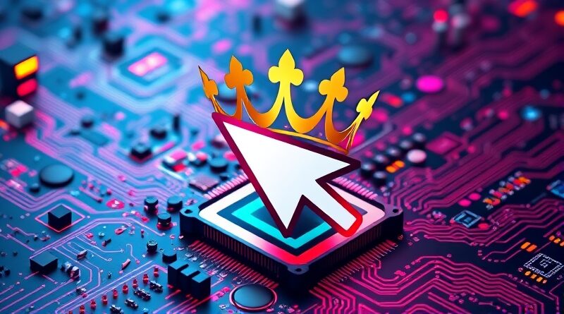 Kursor jako korona króluje nad płytą główną, symbolizując dominację w programowaniu AI. Neonowe barwy.