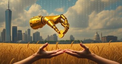 Barokowa wizja: Złote ramię robota oferuje monetę w zamian za pracujących ludzi w tle opadający binarny kod.