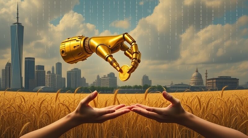 Barokowa wizja: Złote ramię robota oferuje monetę w zamian za pracujących ludzi w tle opadający binarny kod.